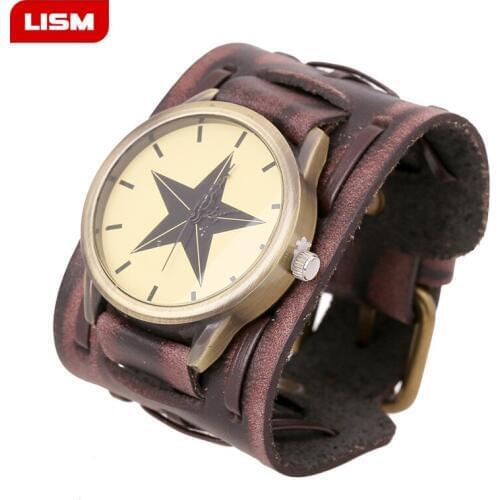 Hot Retro Wide Cow Leather Bracelet Watch Vintage Men Wrist Watches Casual Big Star Quartz Watch Clock Relogio reloj DropShip