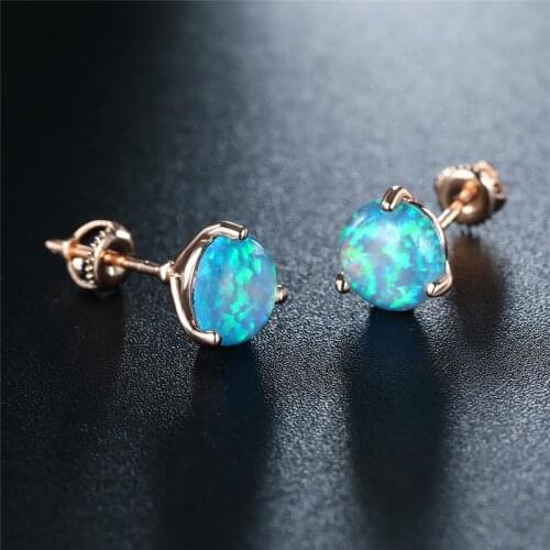 Classic 3 Prong Round Stone Earrings Blue Fire Opal Small Stud Earrings Charm Rose Gold Color Wedding Earrings For Women Jewelry