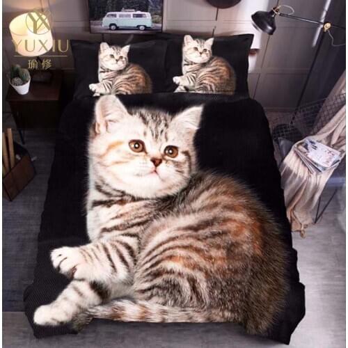 YuXiu Classic 3D Duvet Cover Sets Bed Linen Black Lovely Cat Animal Linens Quilt Covers Bedding Set 3Pcs Full Queen King Single