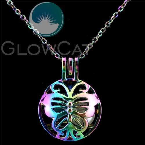 C805 Rainbow Colors Round Butterfly Beads Cage Perfume Essential Oil Diffuser Oyster Pearl Cage Locket Necklace