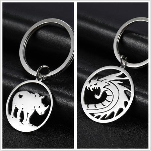 SKYRIM Chinese Dragon Rhinoceros Round Car Keychain Animal Stainless Steel Key Chains Key-ring Holder Pendant For To Bag Unisex