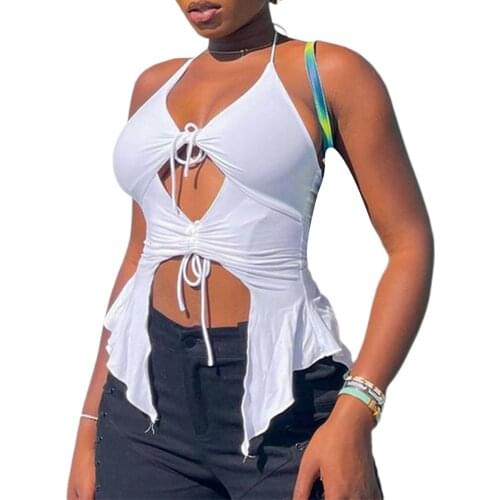Summer Women Sexy Hollow Out Vest Casual Solid Color Halter Neck Irregular Hem Crop Tops Black White