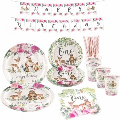 Jungle Animal Tableware Set Wild One Woodland Safari Party Supplies 1st Birthday Party Decor Kids Baby Shower Decor Jungle Decor