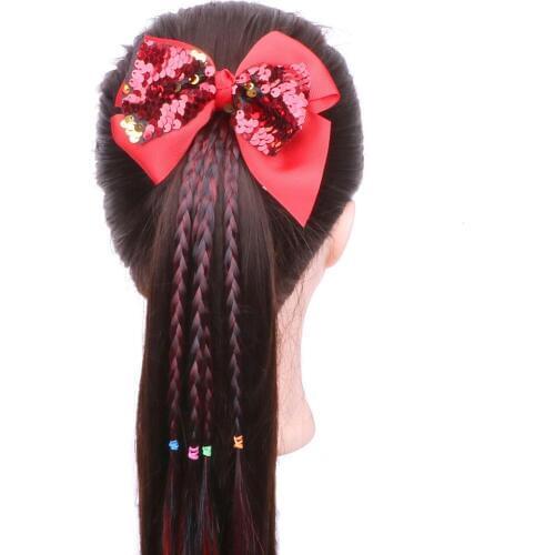 New childrens Clip Sequins Bow Wig Gradient Color Girls Twist Braid Rainbow Color Hairpin