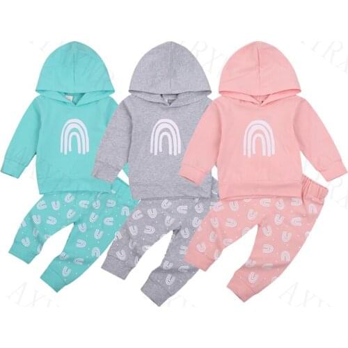 0-3Y Infant Baby Girls Boys Clothes Sets Rainbow Print Long Sleeve Pullover Hooded Sweatshirt Tops Pants 3 Colors