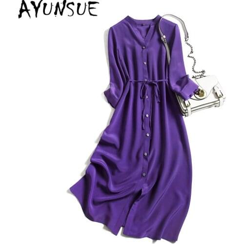 AYUNSUE 2021 New Real Silk Dress Women Spring Summer Midi Purple Shirt Dress Elegant V Neck Party Dresses for Women Clothes 6835
