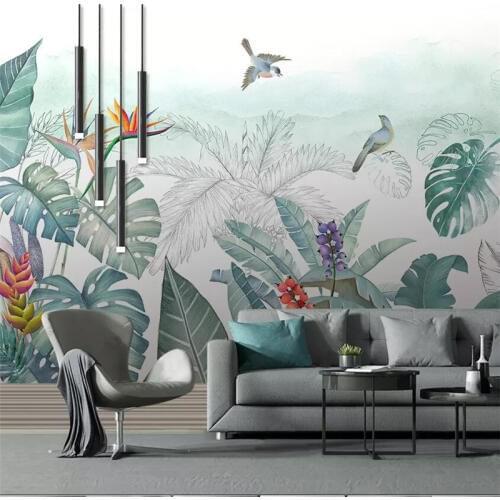 Wellyu Nordic hand-painted small fresh tropical plants flowers and birds background murals custom large mural wallpaper