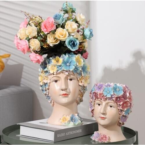 Nordic Flower Head Girl Portrait Vase Resin Ornaments Home Livingroom Desktop Furnishing Crafts Store Table Figurines Decoration