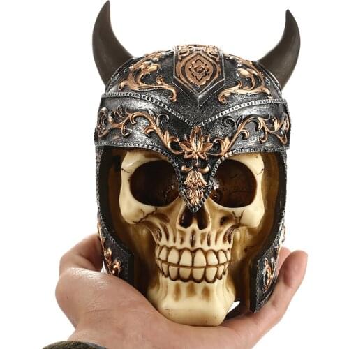 Simulation Skull Statue Horrible Ornament Resin Viking Gladiator Figure Paperweight Decoration With Helmet For Resion Home Decor