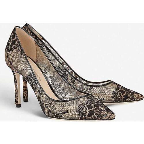 Womens Pumps Pointed Toe Thin Heel High Heels Lace Party Single Shoes Mesh Embroider Retro Ladies Shoes Summer Sandalias Mujer