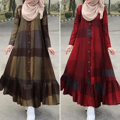 Vintage Check Muslim Dress Womens Autumn Sundress 2021 ZANZEA Casual Long Sleeve Ruffle Vestidos Female Button Printed Robe