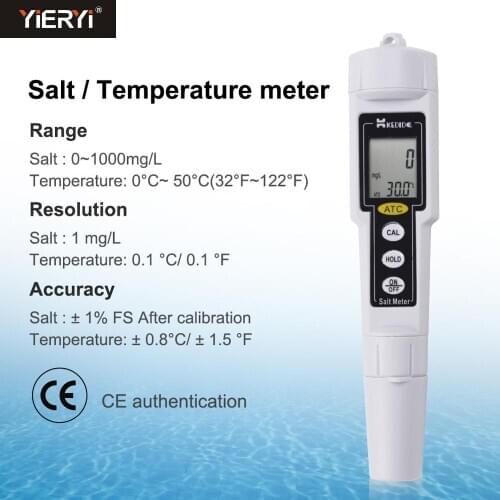 Yieryi Handheld CT-3080 Pen Salinometer Digital Water Salinity Meter Waterproof Test Range 0-1000 mg/L Salinity Tester For SPA