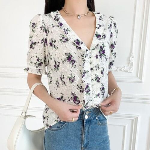 Women Shirt 2021 Spring and Summer New Ladies V-neck Stitching Short Short-sleeved Shirt
