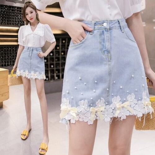High Waist pearl Skirt Summer Fall Women Beading Bow Lace A-Line short Denim Skirt Designer Woman Embroidery Slim Jeans Skirts