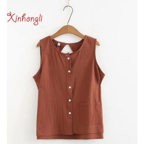 Plus size cotton women tank tops 2019 casual O-Neck sleeveless T shirts dark blue & red & Khaki pockets summer tops