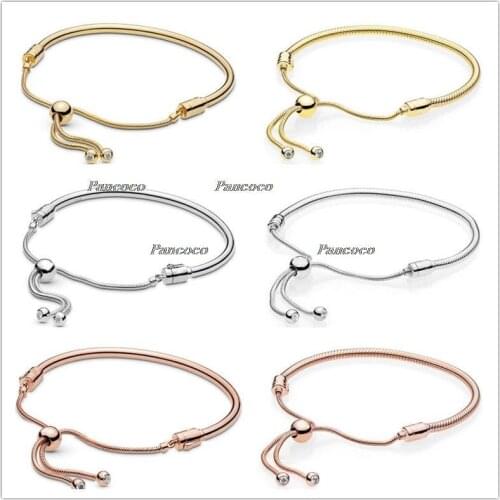 925 Sterling Silver Rose Gold Moments Sliding Clasp Adjust Bangle Bracelet Fit Women Bead Charm Pandora Jewelry