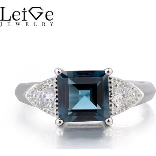 Leige Jewelry Real London Blue Topaz Ring Proposal Ring November Birthstone Square Cut Blue Gemstone 925 Sterling Silver Gifts
