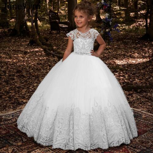 JaneVini Luxury Princess Ball Gown Flower Girl Dresses for Weddings 2019 Cap Sleeve Appliques Beaded Girls First Communion Dress