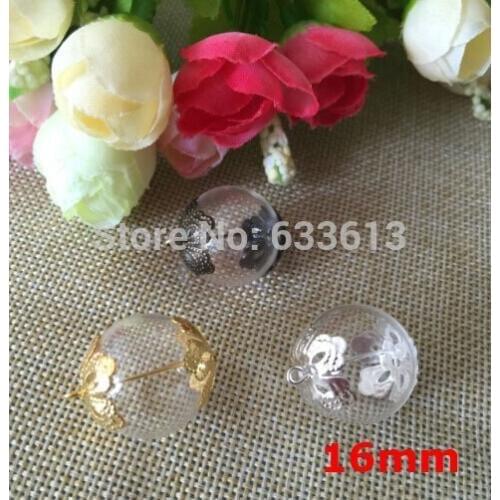100sets/lot 16mm Round Glass Bubble Vial&Flower ball cap & Eye pin findings DIY Glass Bottle Pendant, glass globes with two hole