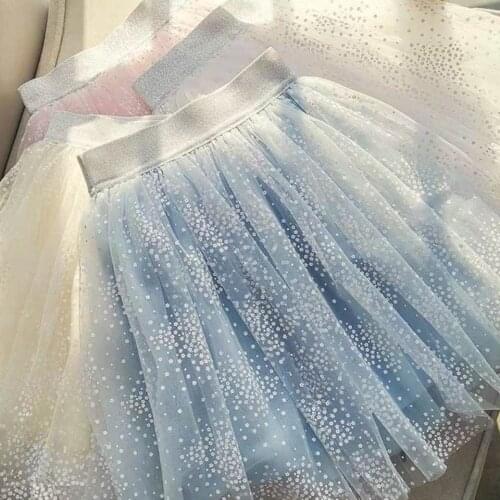 2021 Girls Summer Short Skirt Mesh New Pleated Elastic High Waist Sequins Princess Dress Childrens Clothing 2-14 Years Old