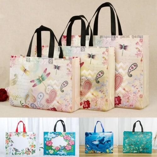2021Fashion Shopping Bag Foldable Dragonfly Flowers Eco Bag Large Reusable Storage Bag Tote Waterproof Fabric Nonwoven Wholesale