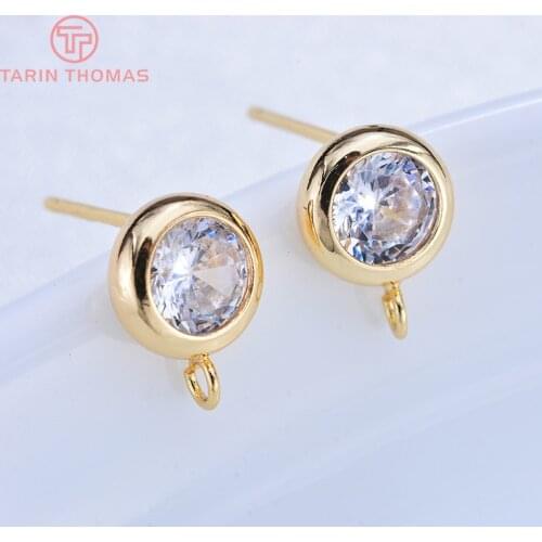 6PCS 4MM 6MM 7MM 8MM 24K Gold Color Brass with Zircon Hooks Hole Round Stud Earrings Pins High Quality Jewellery Accessories