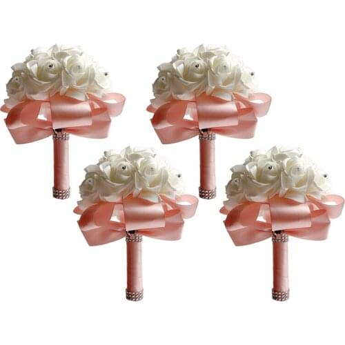 4Pcs Wedding Bouquet Bridesmaid Bridal Bouquet Diamond Pearl Silk Ribbon Artificial Rose Flowers Gentle