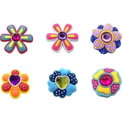 6pcs/lot custom High quality crystal flowers Shoe Charms with tags PVC bebes Accessories Croc Charms JIBZ for girl Kids Gift