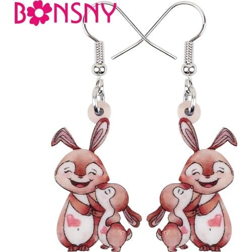 Bonsny Acrylic Mothers Day Hare Rabbit Earrings Lovely Smile Baby Animal Dangle Drop Jewelry For Women Girl Kid Gift Decoration