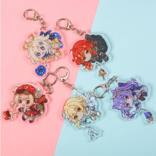 Game Genshin Impact Cartoon Key Chain Keyring Keqing Diluc Acrylic Double Sided Pendant Keychain