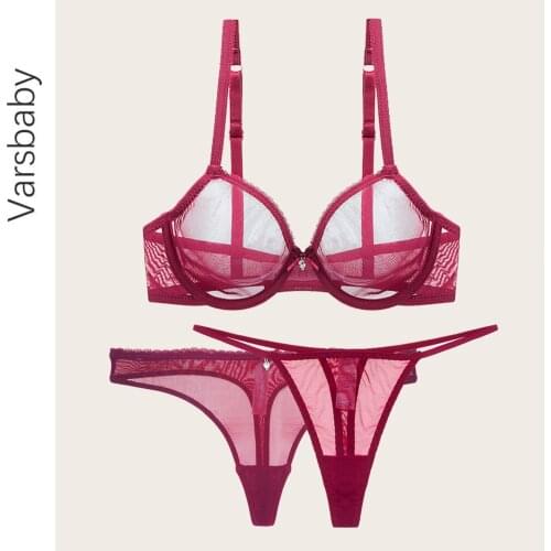 Varsbaby Bra Lingerie Ultra Thin Cup Sexy Lace Underwear Transparent Unlined 1 Bra + 2 See Through Low Waist Thong bra Set