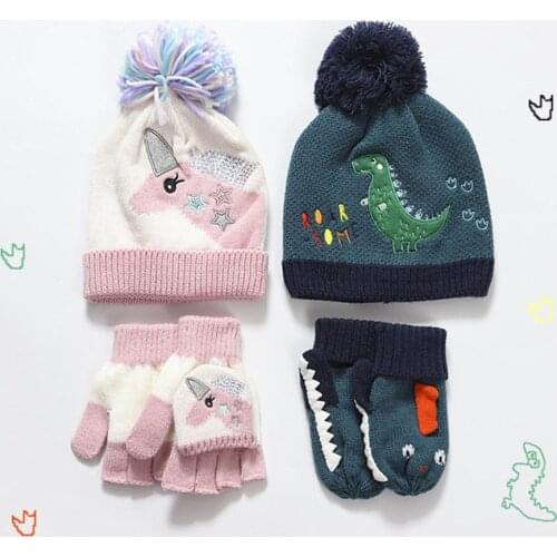Kids Winter Hat Gloves 2Pcs Sets For Girls Baby Boys Unicorn Hat Children Knitted Thick Baby Hat Infant Toddler Warm Cap Gloves