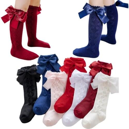 Wide Ribbon Bowknot Design Kids Socks for Girls Clothes Spring Autumn Cotton Kniited Children Leg Warmers Socken Calcetines