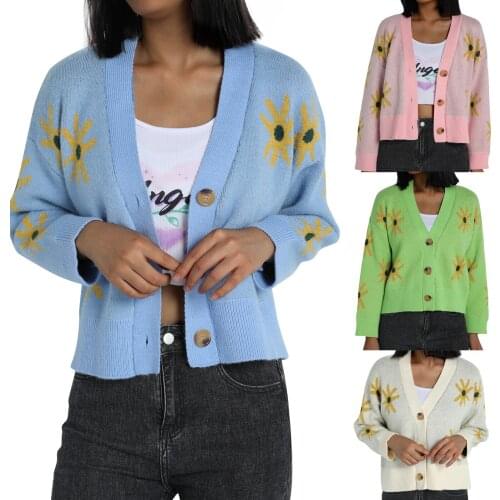 2021 Breathable Girls Long Sleeve Knitwear Ladies Dropped Shoulder Single-breasted Floral Knitted Coat Casual Cardigan Sweater