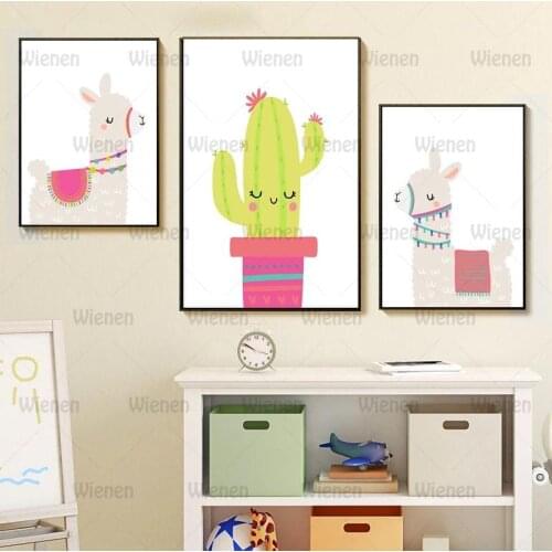 Cartoon Alpaca Wall Art Canvas Painting Nursery Llama Cactus Prints Pictures Nordic Kid Room Posters and Prints Bedroom Decor