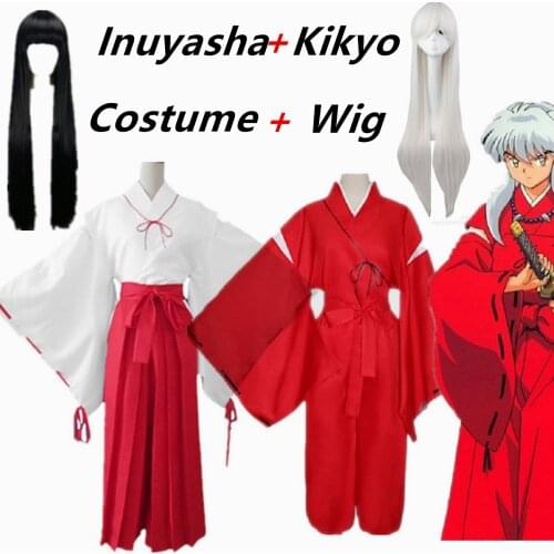 Inuyasha Cosplay Costume Kikyo Kimono Full Set Inuyasha Halloween Accessories Ear Necklace Nails Socks