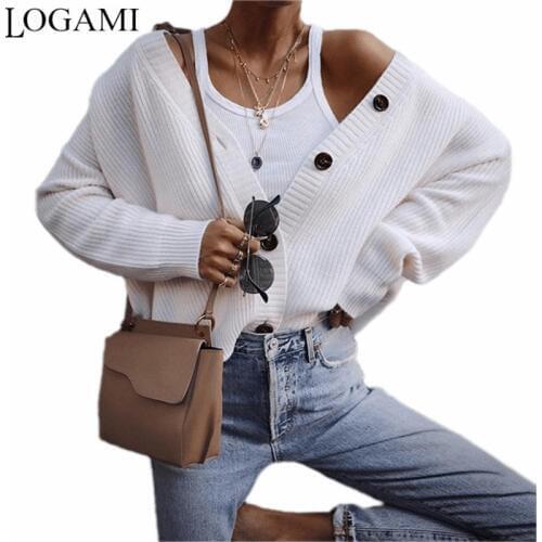 LOGAMI Single Breasted Knit Cardigan Women Long Sleeve Woman Sweater Female Fall Coat