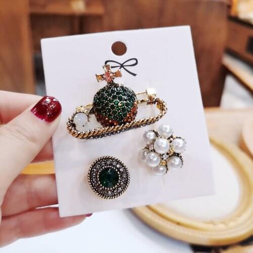 3pcs/set Fashion Vintage Men Women Badge Brooches Europe Luxury Full Rhinestone Pearl Brooches Pins Jewelry Clothing Accessories