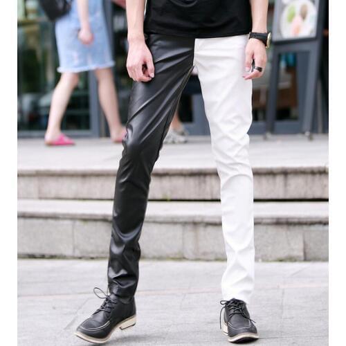 Alternative Personality Nightclub Tight Leather Trousers Black White Mixed Colors Stage Performances Costumes Men Leather Pants