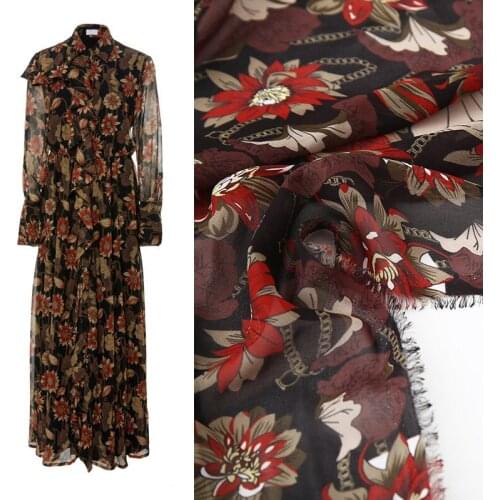 Spring and summer dress womens fashion printing fabric digital printing black flower chiffon clothing fabric