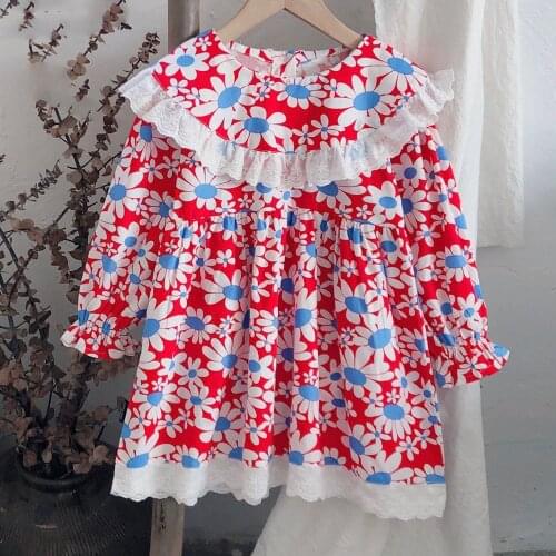 Japanese And Korean Style Girls Dresses 1-8 Years Cute Baby Kids Print Flower Princess Dress Loose Casual Lace Edge Costume