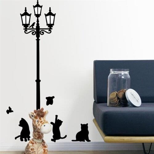 Lovely Cat Playing Around Lamppost Wall Sticker Home Decorations Diy Animal Kitten Decals Kids Room Wall Mural Art Pvc Posters