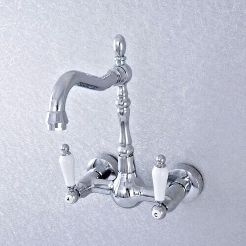 Silver Polished Chrome Brass Wall Mounted Double Ceramic Handles Bathroom Kitchen Sink Faucet Mixer Tap Swivel Spout asf547