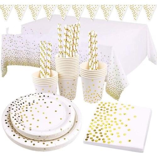 Gold Dot Disposable Tableware Set Paper Plates Cup Napkin Baby 1st Birthday Party Decor Baby Shower Girl Party Supplies Balloon
