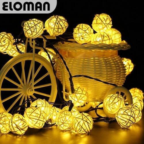 ELOMAN 20 Rattan Ball Led string light night warm Xmas lantern Wedding Garland curtain decorations