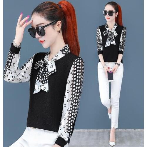 Women Long Sleeve Blouses Bow Tie Collar Shirts 2021 Spring Autumn Female Polka Dot printed Patchwork Tops Feminine Blusas