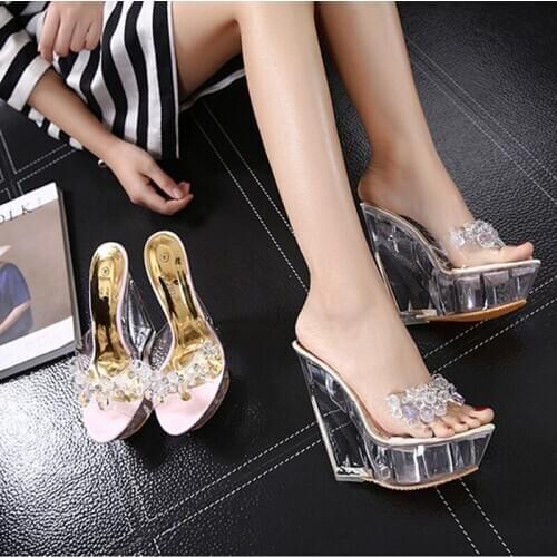 STAN SHARK 2019 Women Wedges 14cm Sandals Slippers Crystal Slide Waterproof Non Slip Bottom Thick Summer Female Sexy Sandals