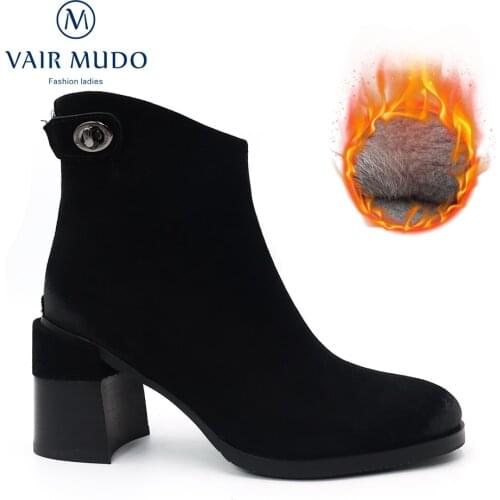 AIR MUDO Women Ankle Boots High Heels Concise Kid Suede Black Pointed Toe Elegant Autumn Winter Warm Short Plush WoolDX131