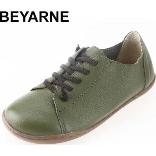 BEYARNE Women Shoes Flat 100% Authentic Leather Plain toe Lace up Ladies Shoes Flats Woman Moccasins Female Footwear
