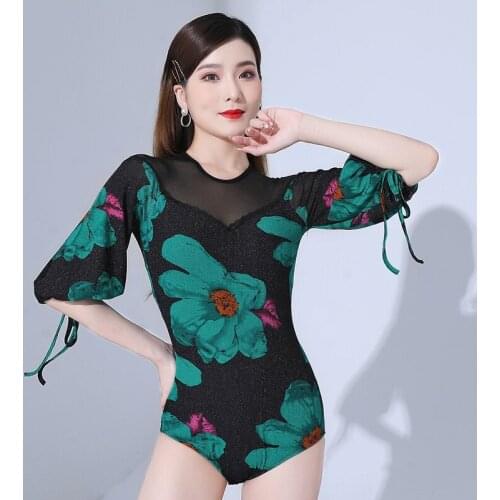 Printing Latin Dance Leotard For Women Puff Sleeve Tango Cha Cha Dancing Practice Tops Summer Samba Performance Costume YS1885